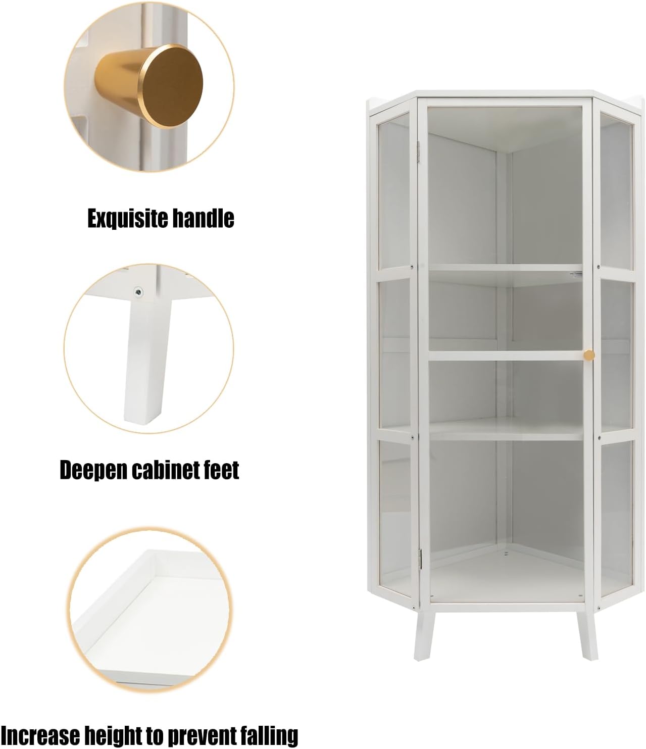 Tall Corner Storage Cabinet Freestanding 3-Tier Bookshelf with Clear Door E8381