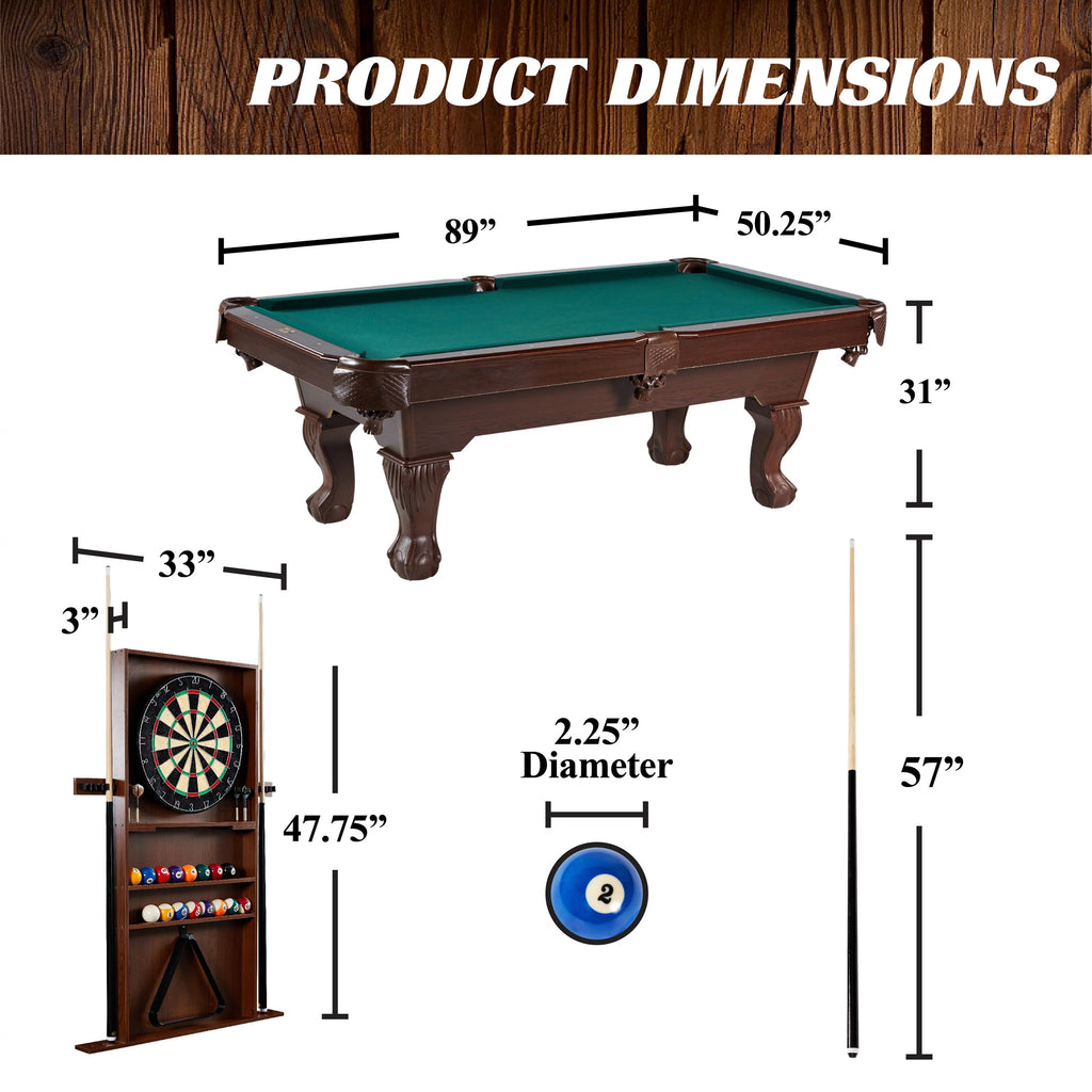 90" Ball and Claw Leg Pool Table with Cue Rack and Dartboard Set, Green Y964639