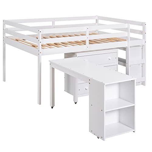 Low Study Loft Bed with Desk and Bookshelf J88891
