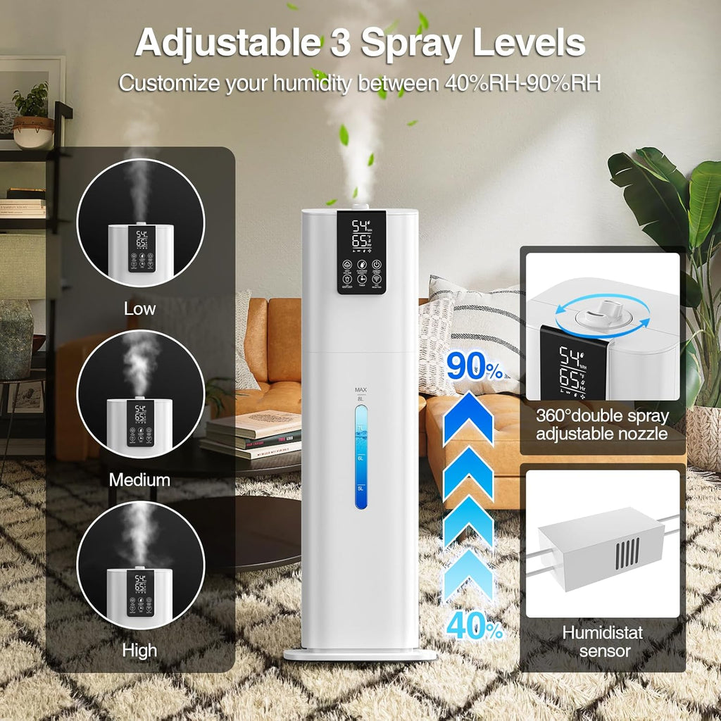 8L Top Fill Cold Mist Humidifier for Large Rooms, 48H Runtime, App & Remote Control U2832