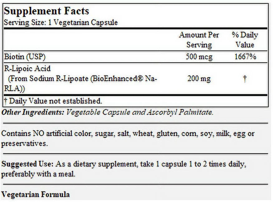 R-Lipoic Acid 200mg with Biotin, 60 Vegetarian Capsules Z636139