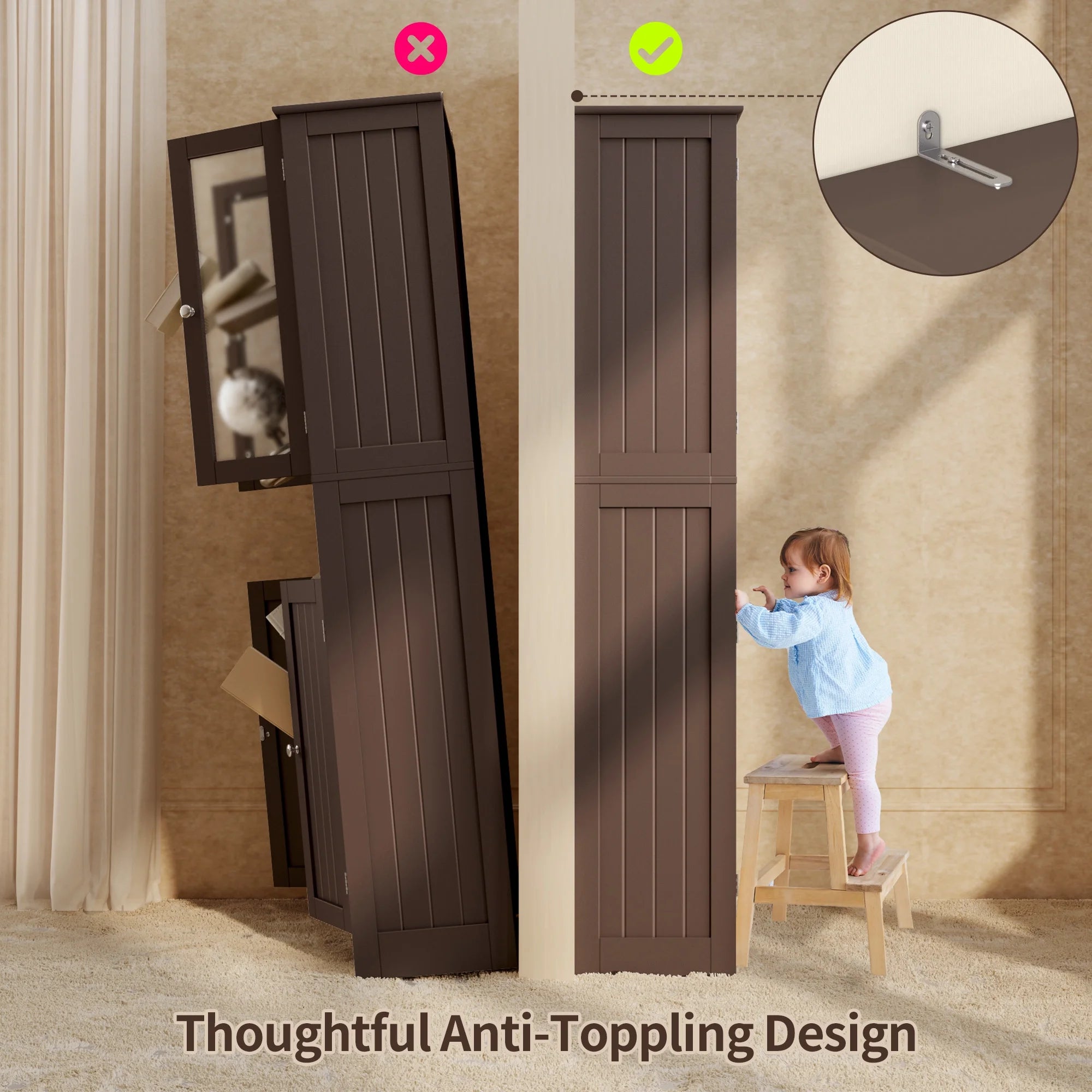 Tall Storage Cabinet with Glass Doors and 2 Drawers, Dark Brown V33192