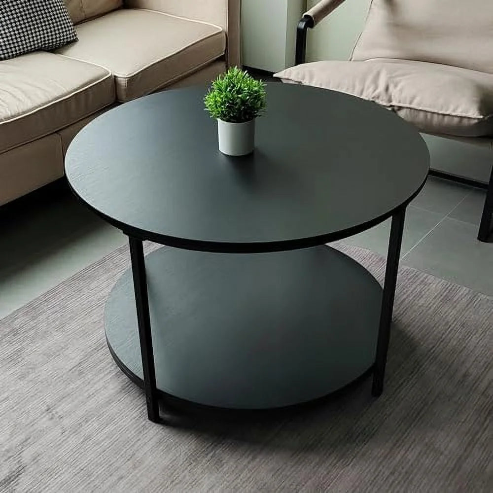 Round Coffee Table 31.5 inch 2-Tier Rustic Wood with Metal Legs L3418