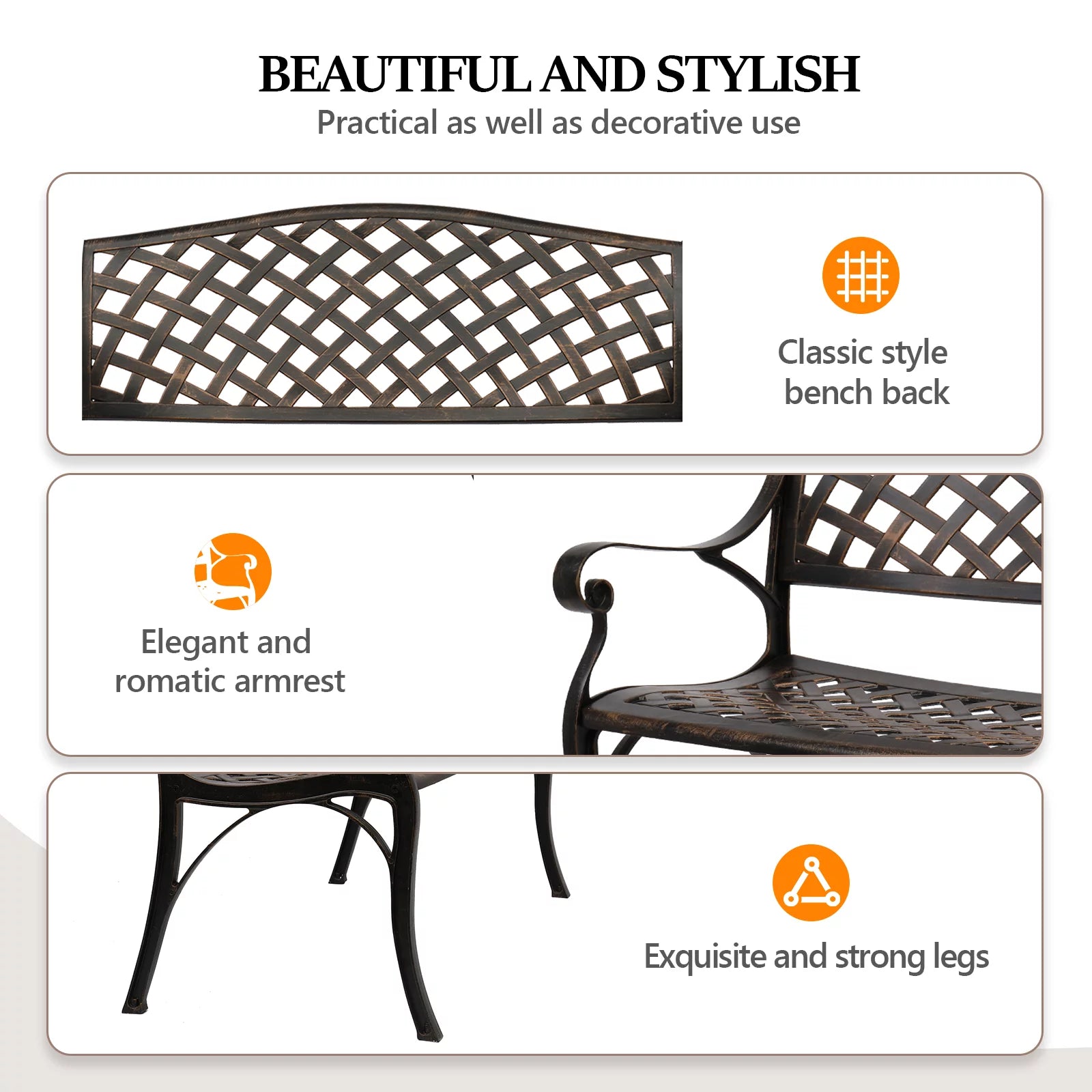 Patio Garden Bench, Anti-Rust Cast Aluminum Frame for Outdoor Yard Lawn Decor T41016