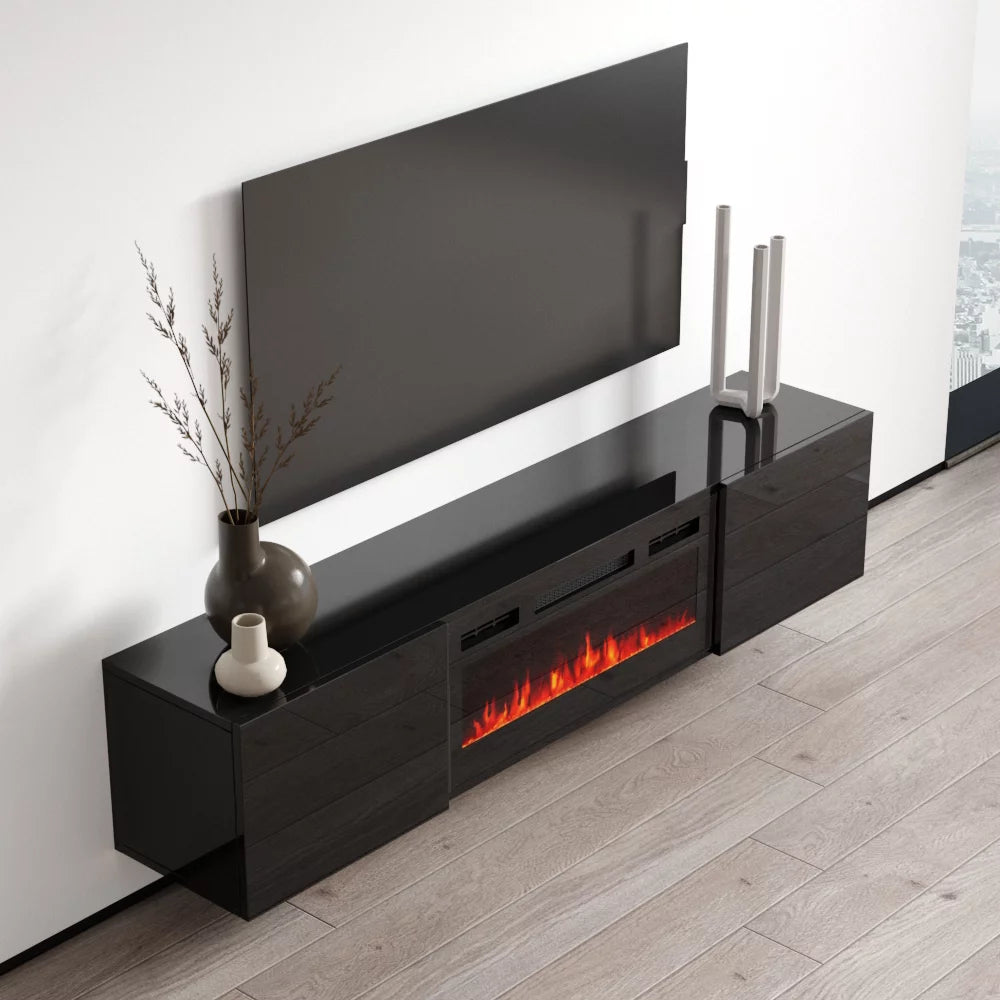 Floating Fireplace TV Stand for TVs up to 80", Modern High Gloss Entertainment Center with Storage I43928