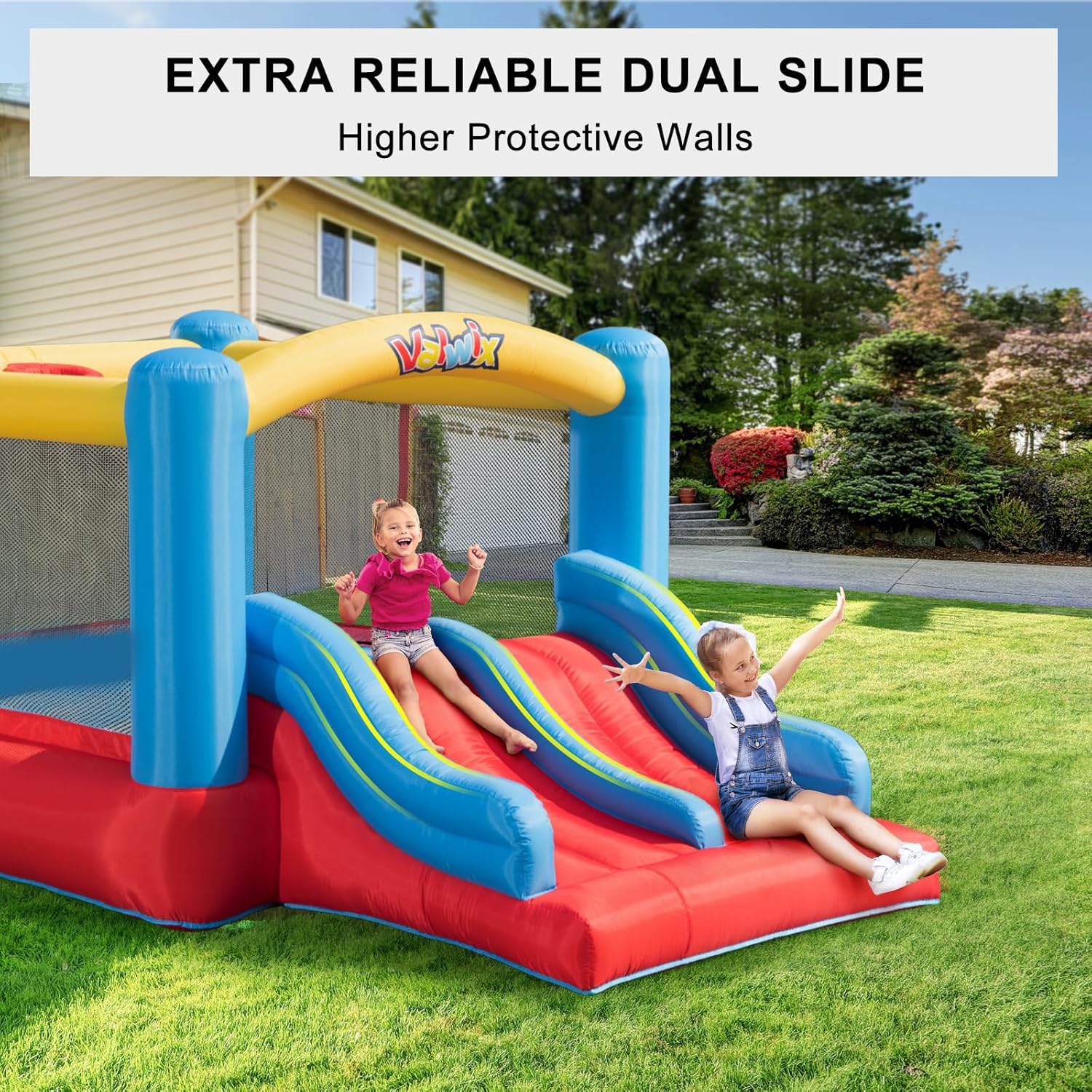 Inflatable Bounce House with Blower for Kids, Indoor Outdoor Bouncy Castle with Double Slide D81783