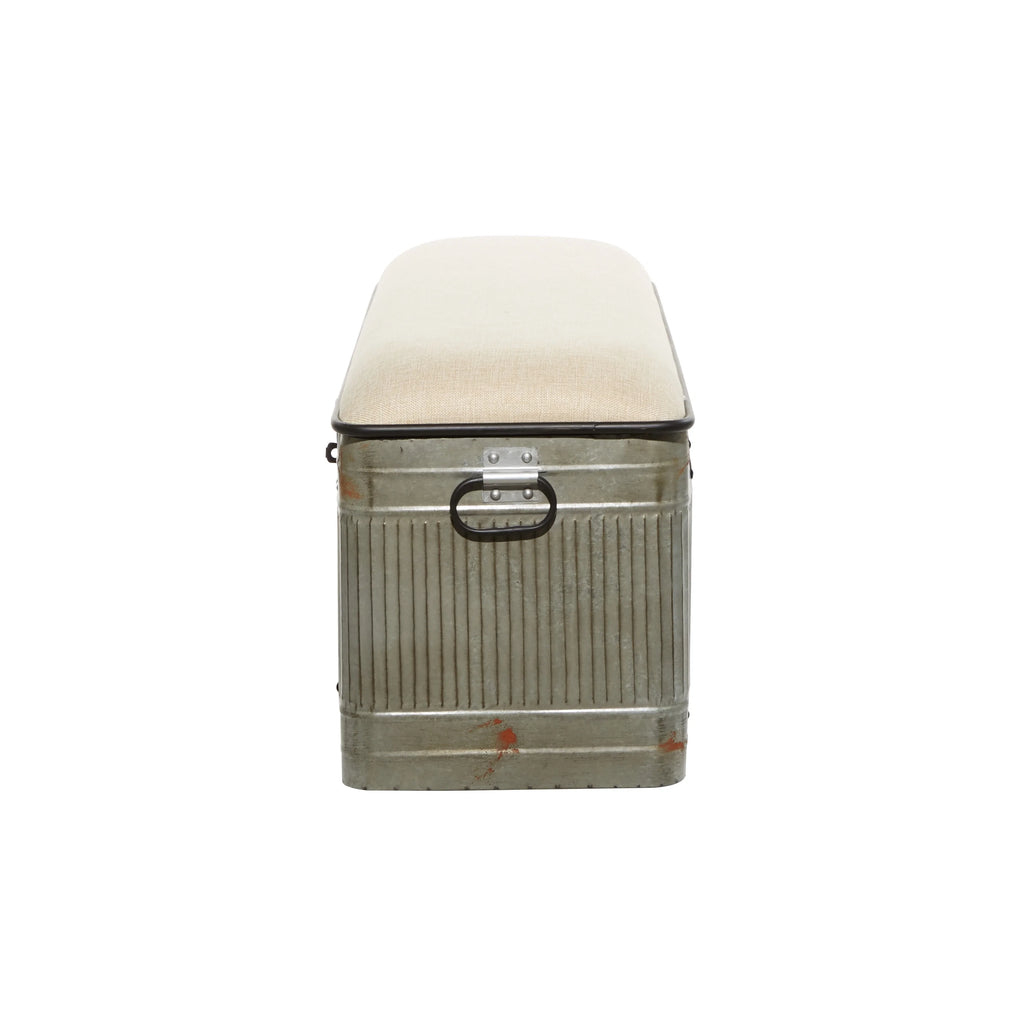Metal Galvanized Storage Bench with Cream Burlap Top E438064