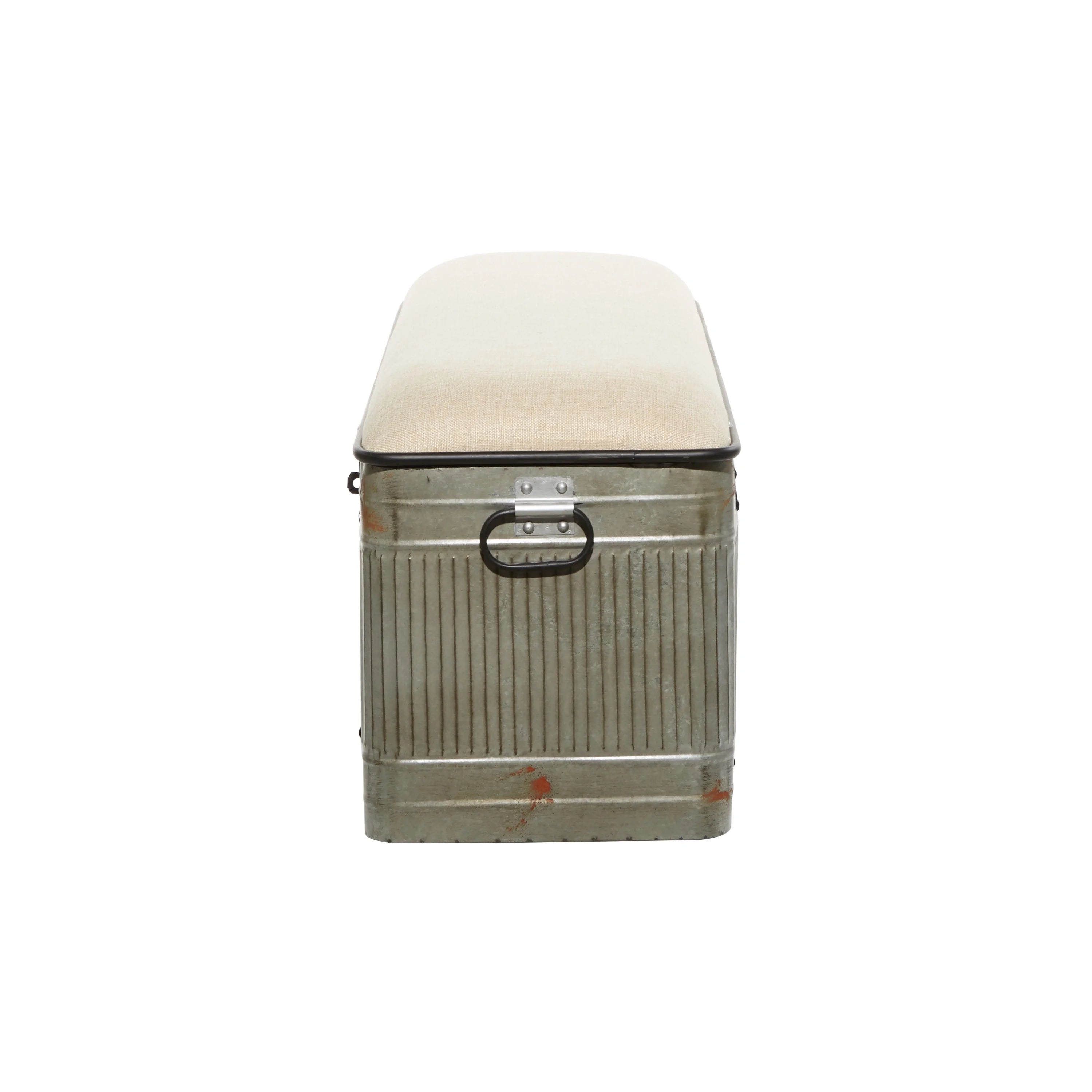 Metal Galvanized Storage Bench with Cream Burlap Top E438064