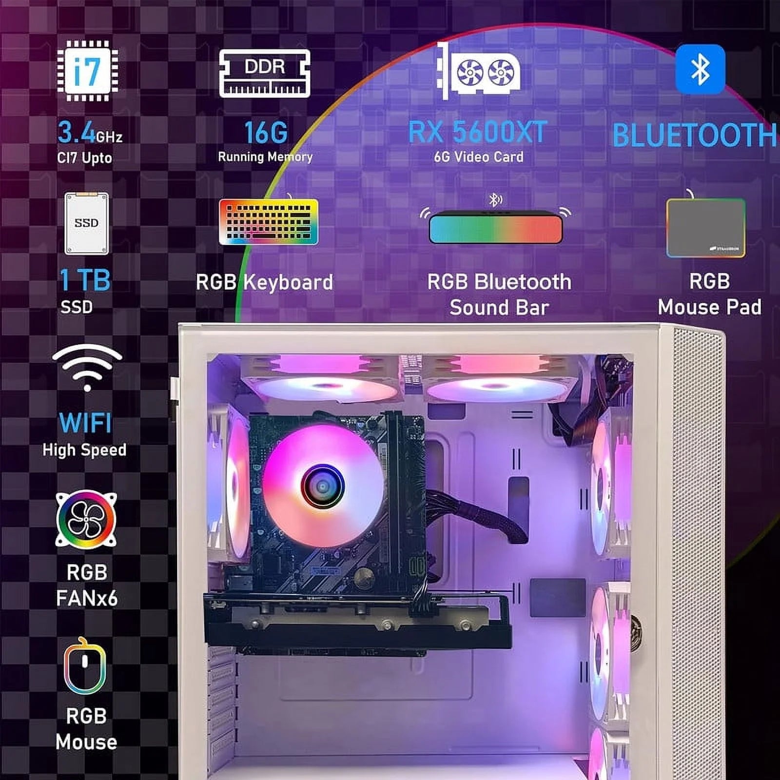 Gaming Desktop PC, Intel Core i7, 16GB RAM, 1TB SSD, Radeon RX 5600 XT R9846