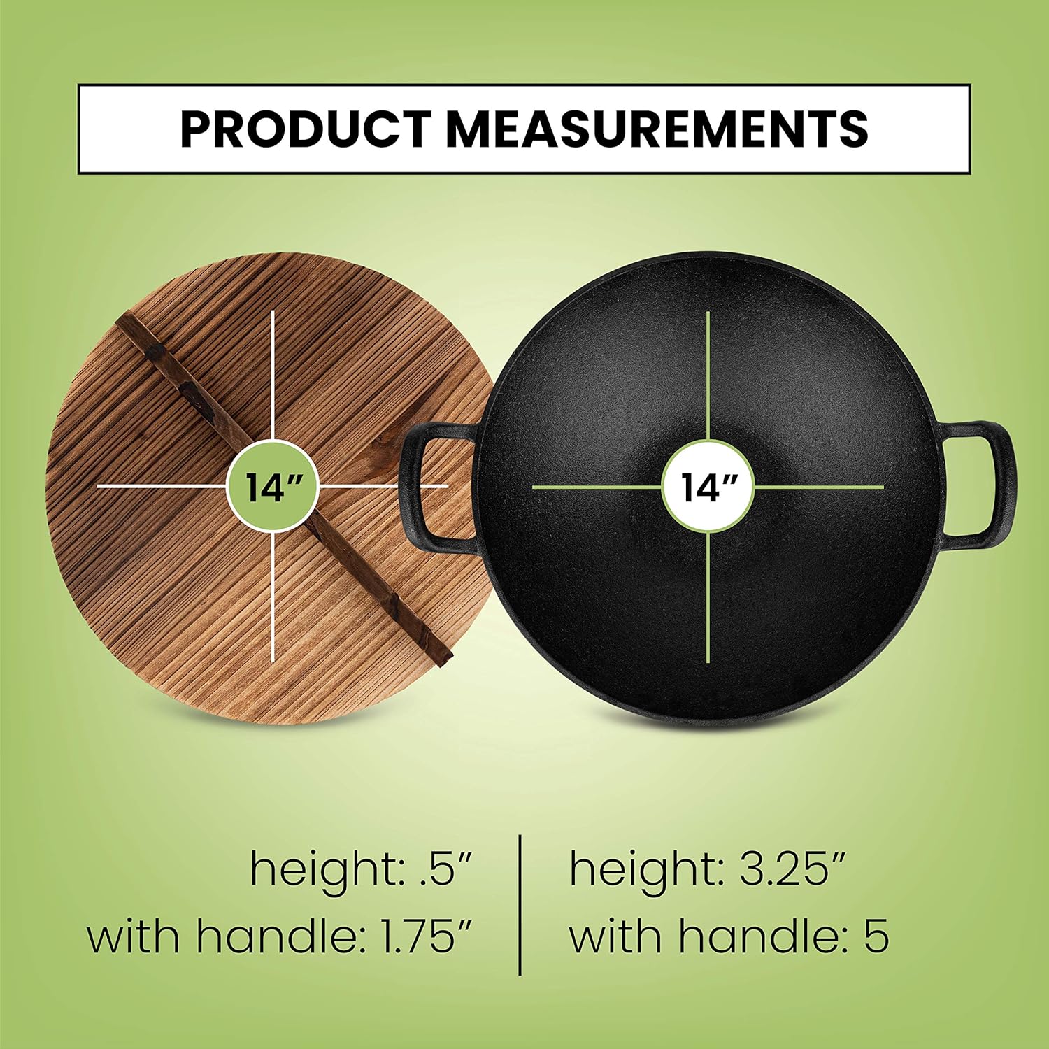 Pre-Seasoned Cast Iron Wok with Wooden Lid, 14 Inches, Nonstick Deep Frying Pan Q32539