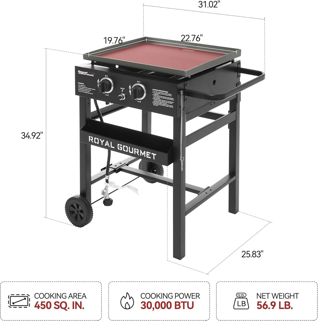 2-Burner Propane Gas Griddle, 23-Inch Flat Top BBQ Grill, Outdoor Cooking Station W24592