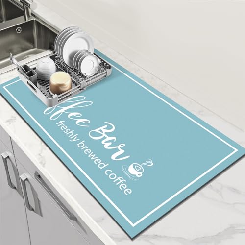 Dish Drying Mat for Countertops, Absorbent Coffee Bar Mat with Coffee Cup Pattern, Linen G600