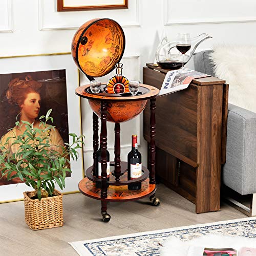 Globe Bar Cart, Wood Wine Cabinet with Wheels & Liquor Shelf D834655