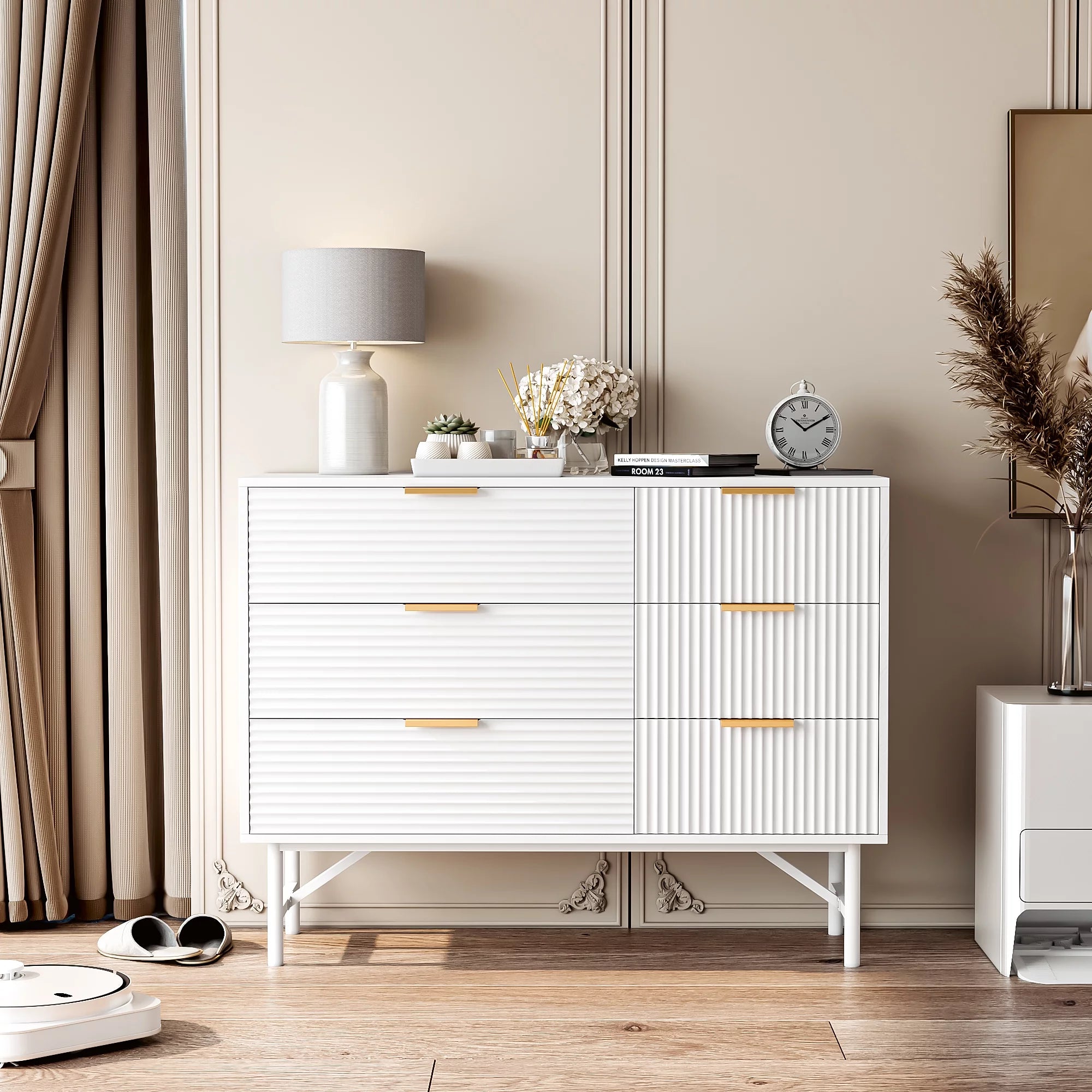 6 Drawer Dresser for Bedroom, Modern Creamy Wave Panel Wood Storage Cabinet X881