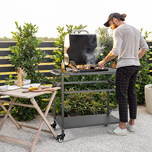 Outdoor Grill Table with Storage, Double-Shelf Kitchen Cart on Wheels W657827