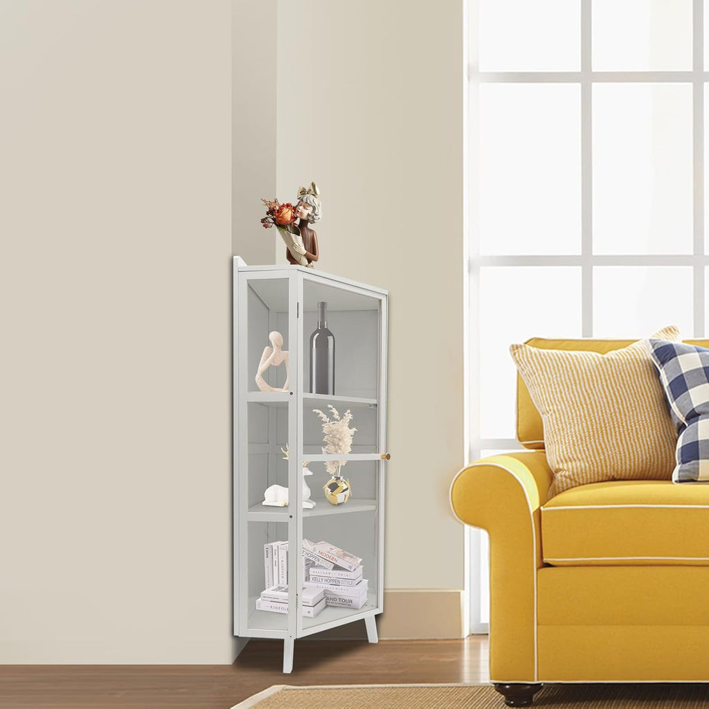 Tall Corner Storage Cabinet Freestanding 3-Tier Bookshelf with Clear Door E8381