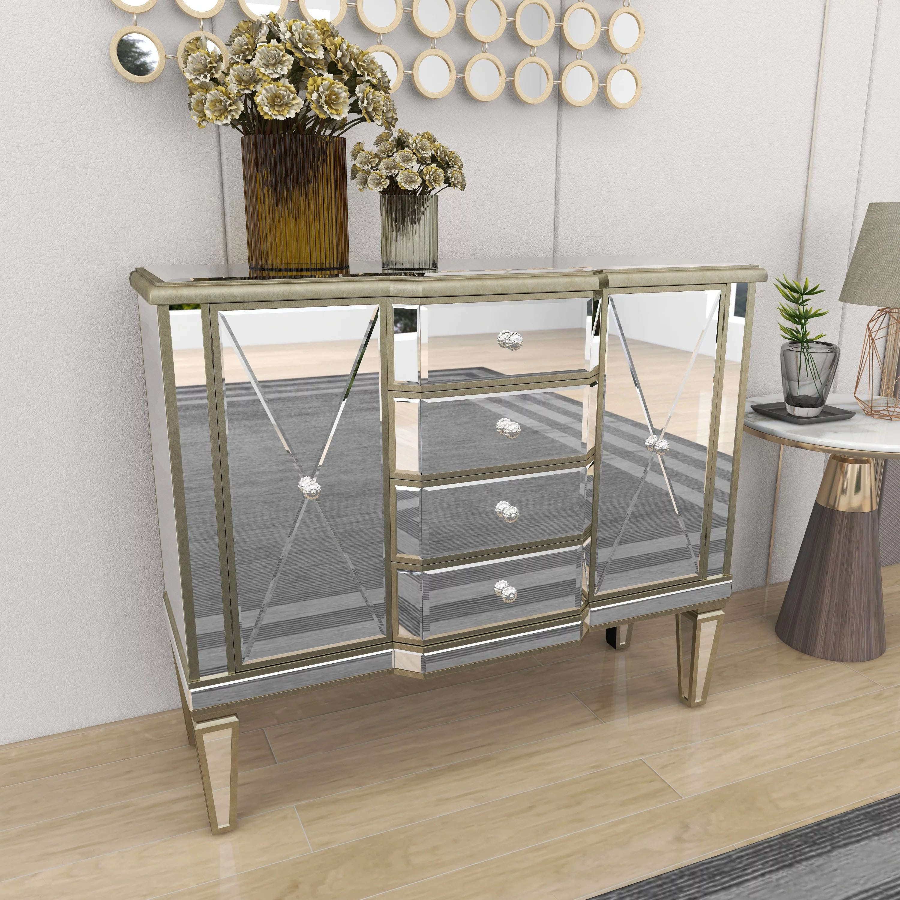 Silver Wood Mirrored Panel Buffet with 4 Drawers, 2 Shelves and 2 Doors D22531