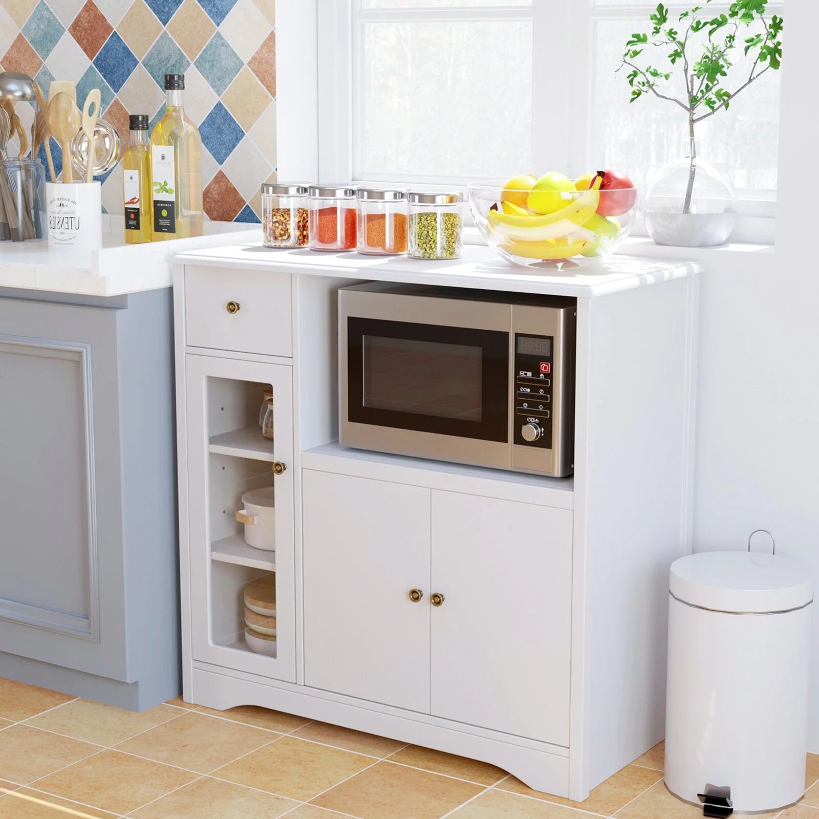 Microwave Cabinet with Hutch, Kitchen Pantry Sideboard with Adjustable Shelves and Drawer, White O10197