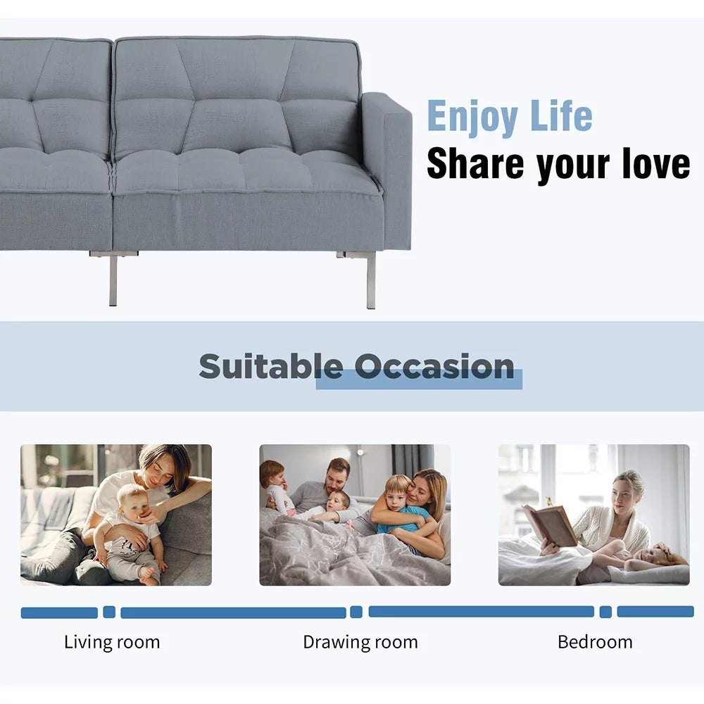 Gray Futon Sofa Bed with 2 Pillows and Metal Legs G114