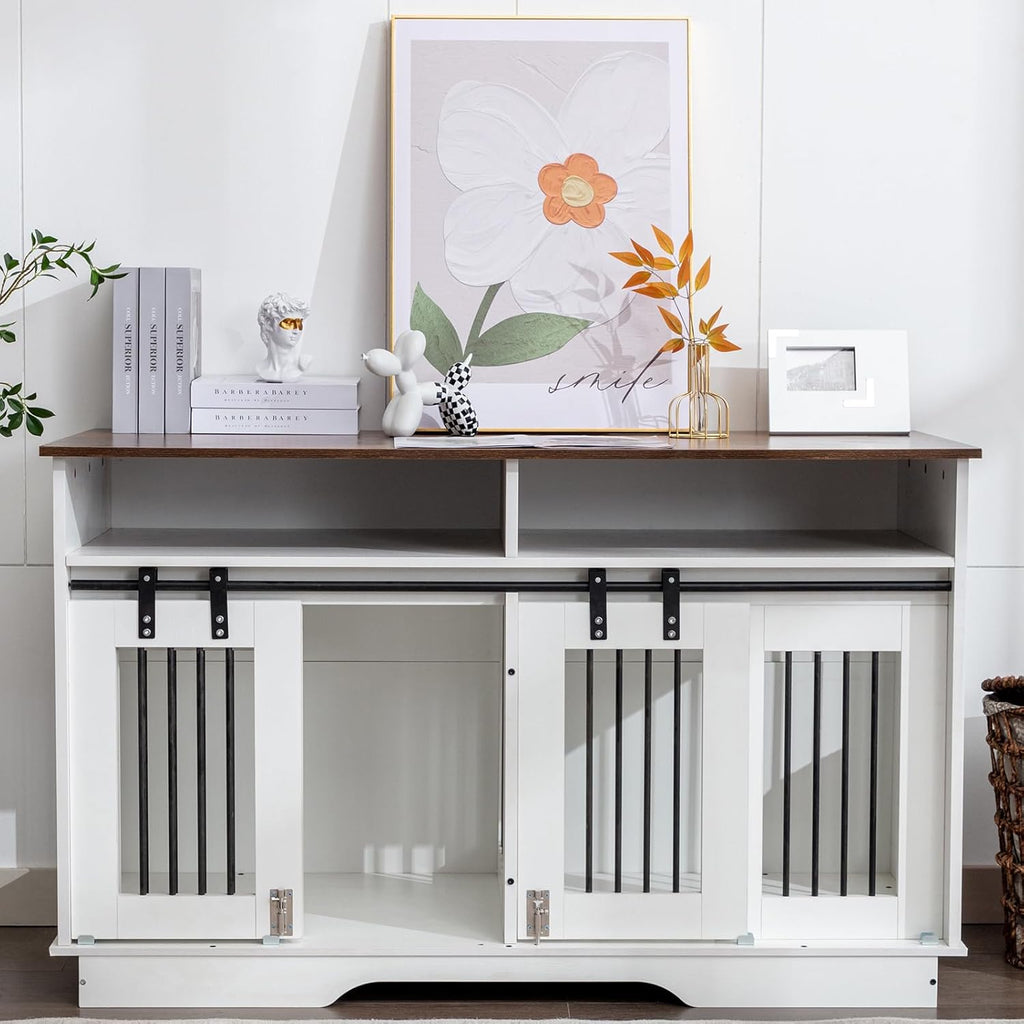 55" Double Dog Crate Furniture, Wooden End Table with Drawers, Indoor Kennel for Small/Medium Dogs X54991