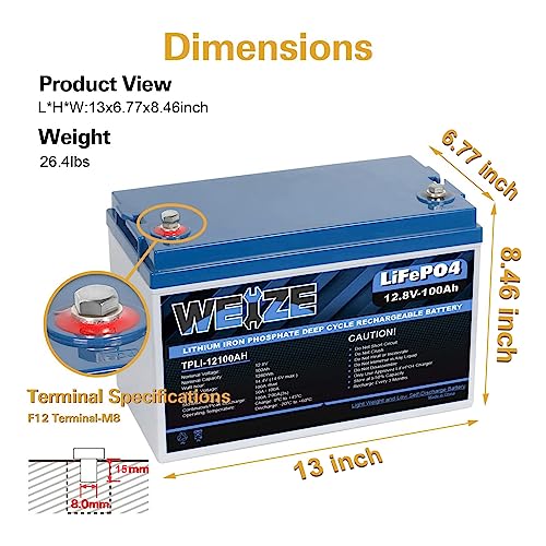 12V 100Ah LiFePO4 Lithium Battery with Smart BMS for RV, Solar, Marine U330660