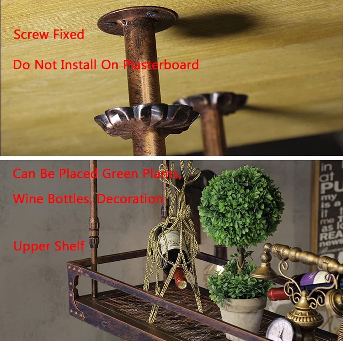 Wall-Mounted Wine Glass Rack, Industrial Vintage Metal, Bronze, 60x35cm L374