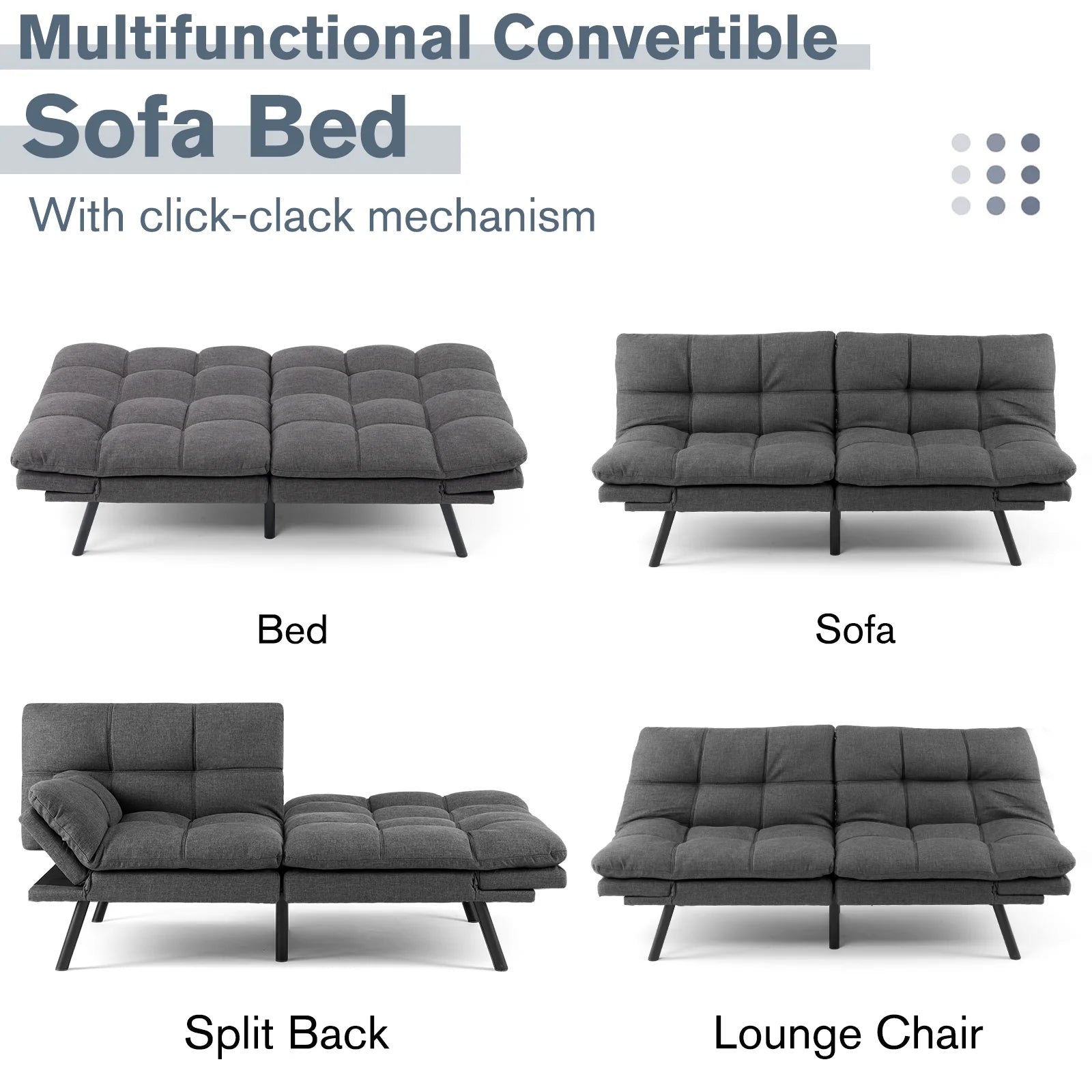Convertible Futon Sofa Bed with Memory Foam, Gray Y8942