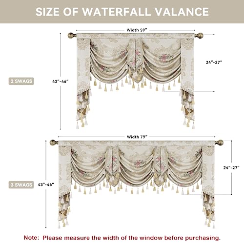 Luxury Jacquard Waterfall Valance with Tassels, Floral Damask Swag Curtains, Pearly Beige, 79 Inch, 1 Panel G1502