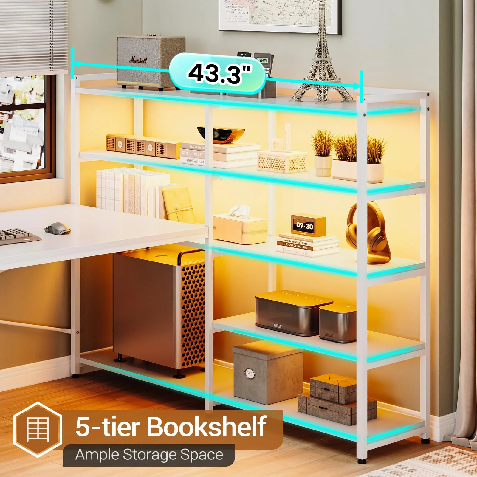 L Shaped Computer Desk with Power Outlet and Storage Shelves C754138
