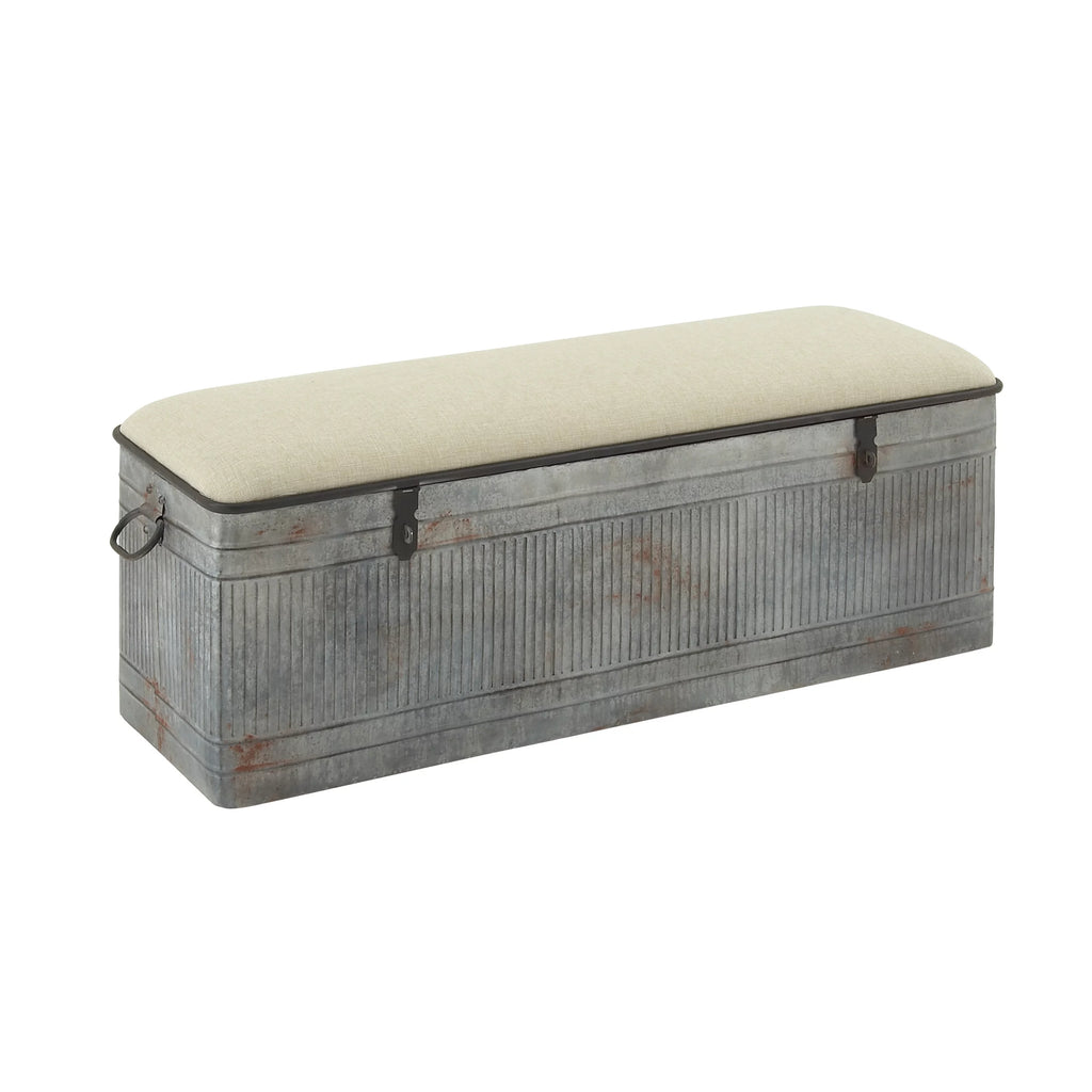 Metal Galvanized Storage Bench with Cream Burlap Top E438064