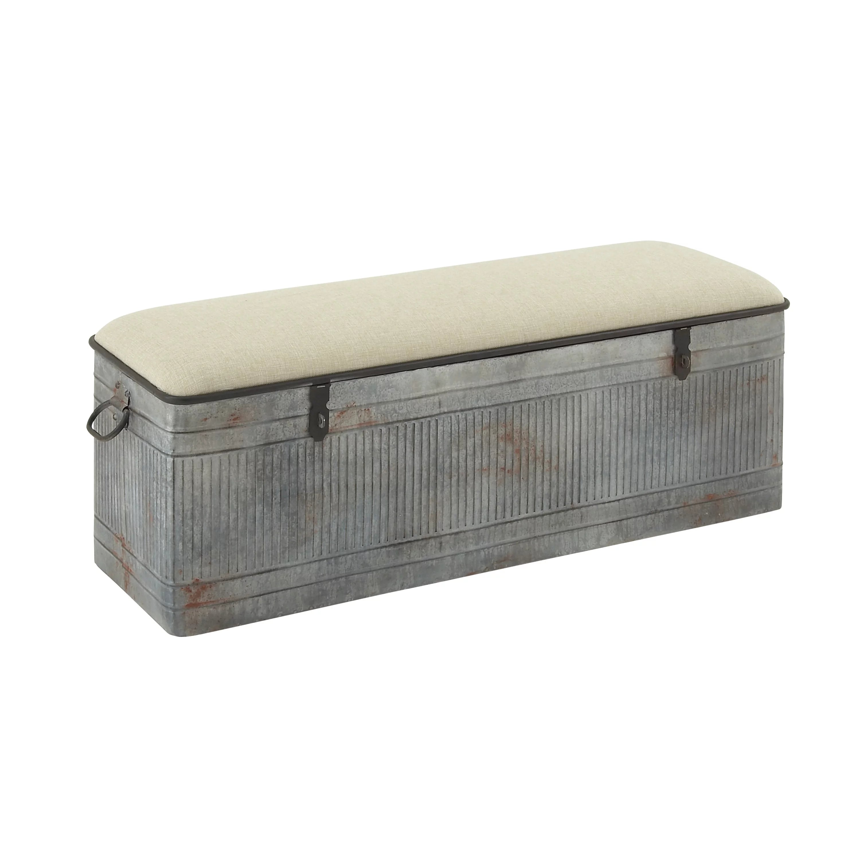 Metal Galvanized Storage Bench with Cream Burlap Top E438064