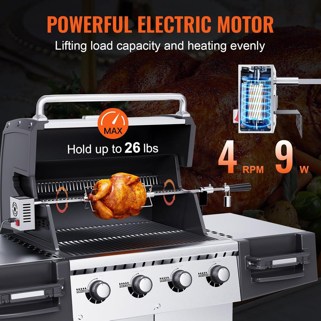Stainless Steel Grill Rotisserie Kit with Motor, 32-Inch Spit Rod T981