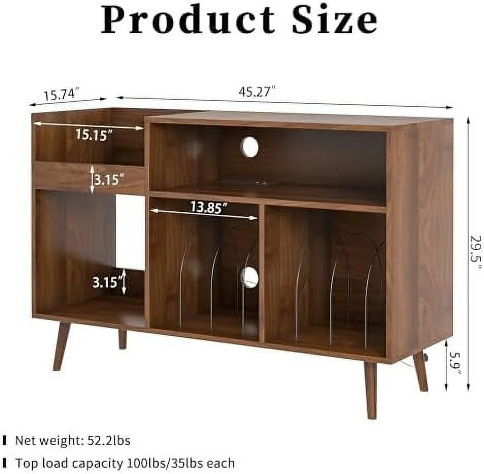 Mid-Century Record Player Stand with Vinyl Cabinet and Power Outlet C580