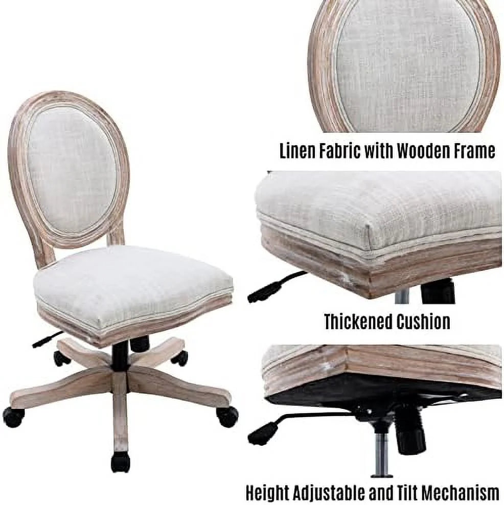 Linen Office Chair with Rattan Back, Adjustable Swivel Task Chair N169399