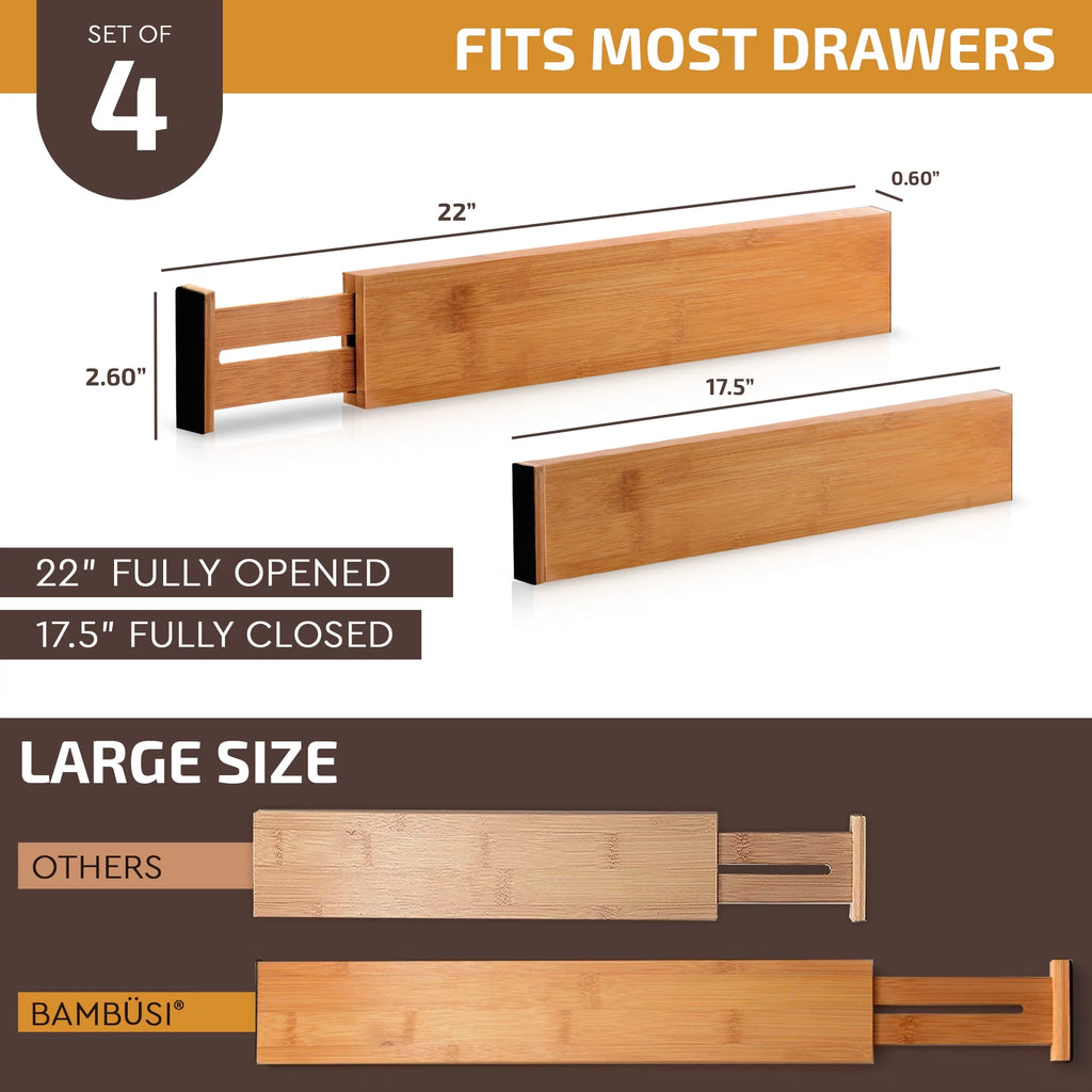 Expandable Bamboo Drawer Dividers, Set of 4, 17 to 22 inches W9298