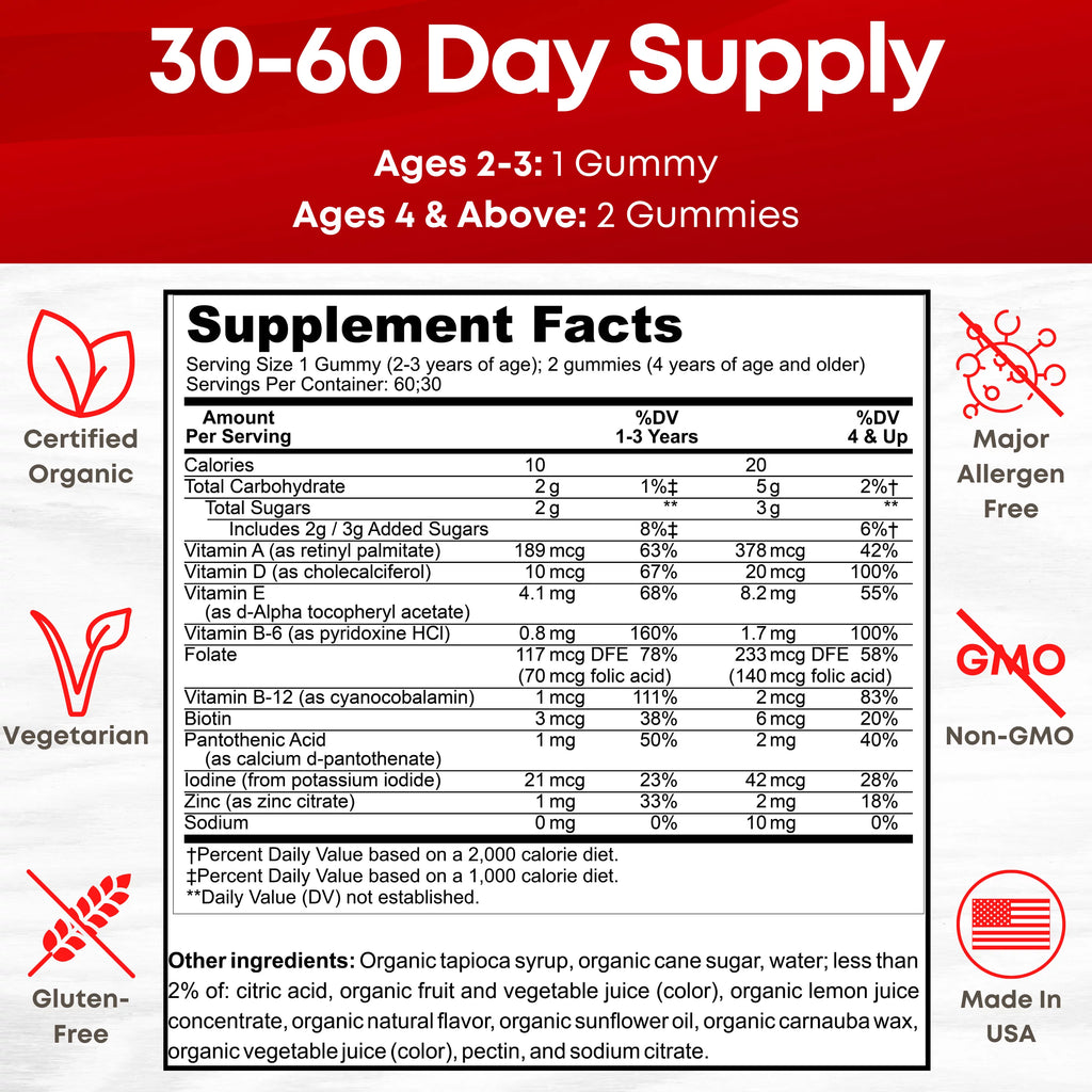 Organic Kids Multivitamin Gummies with Vitamin C, D, A, E, B6, B12, Biotin, Zinc, 60 Count W9752