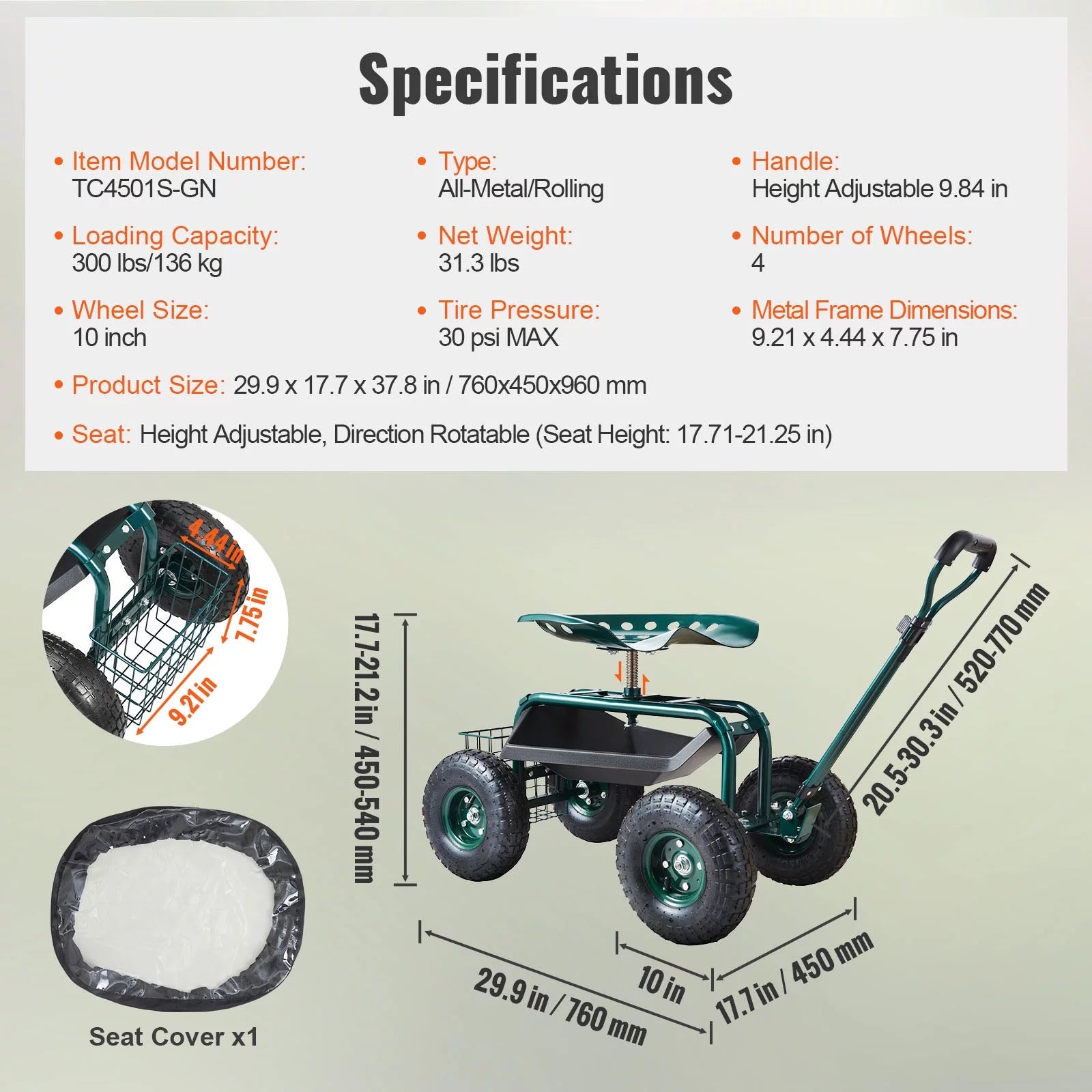 Garden Cart Rolling Workseat with 360 Degree Swivel Seat and Utility Tool Tray W501735