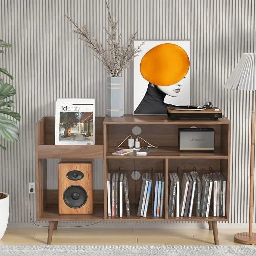 Mid-Century Record Player Stand with Vinyl Cabinet and Power Outlet C580