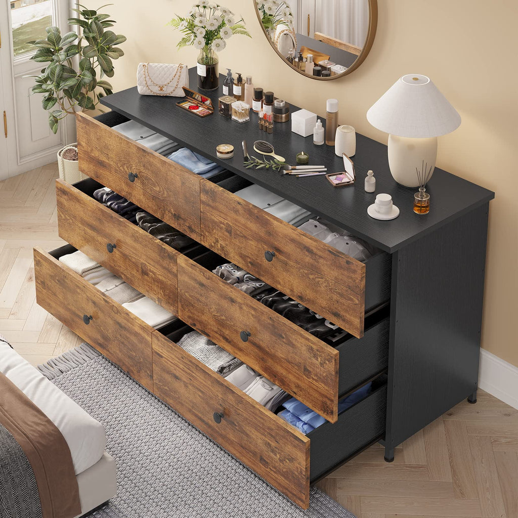 6 Drawer Double Dresser with Sturdy Steel Frame for Bedroom Z592273