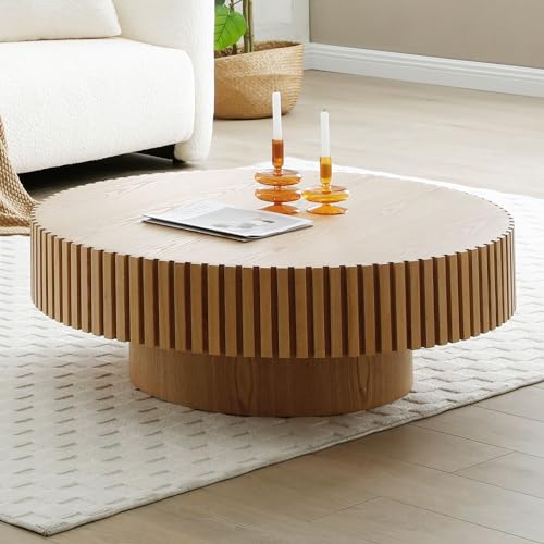 Walnut Wood Round Coffee Table with Vertical Texture A7453