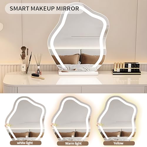 Vanity Table with Drawers and LED Makeup Mirror, Solid Wood, Round Mirror 40" Q26955