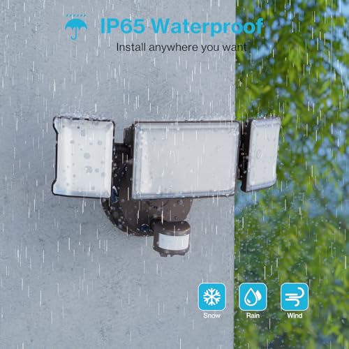 Motion Sensor Outdoor Light 2 Pack, LED Security Light 6000LM, 6500K, 3 Adjustable Heads, IP65 Waterproof A649