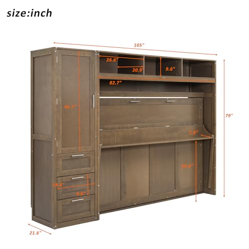 Full Size Murphy Bed with Wardrobe, Storage Drawers and Open Shelves, Solid Wood Wall Bed Frame for Bedroom Guest Room Home Office Study, Easy Assembly (Antique Grey, Full) C74375
