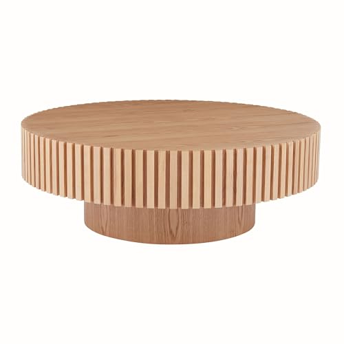 Walnut Wood Round Coffee Table with Vertical Texture A7453