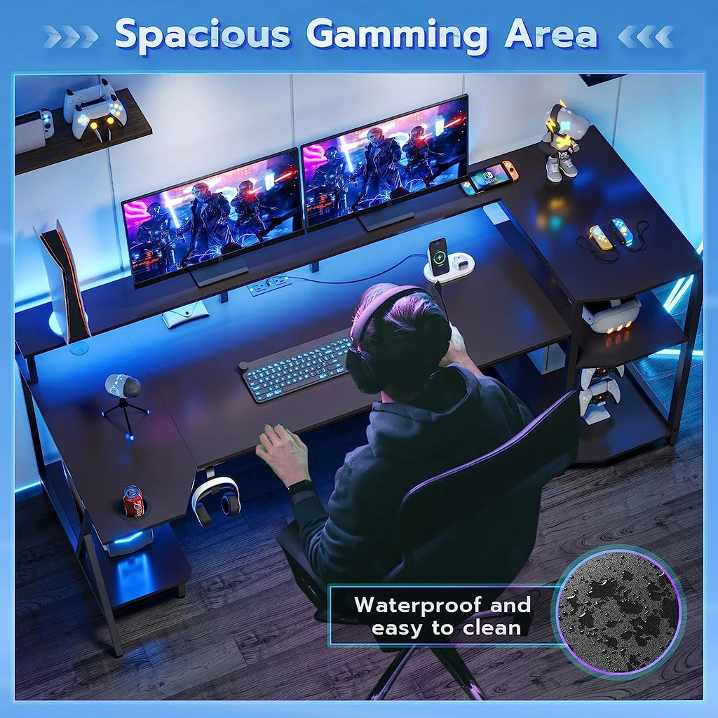 Gaming Desk with LED Lights and Storage Shelves D8814