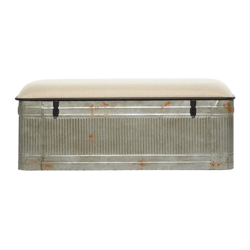 Metal Galvanized Storage Bench with Cream Burlap Top E438064