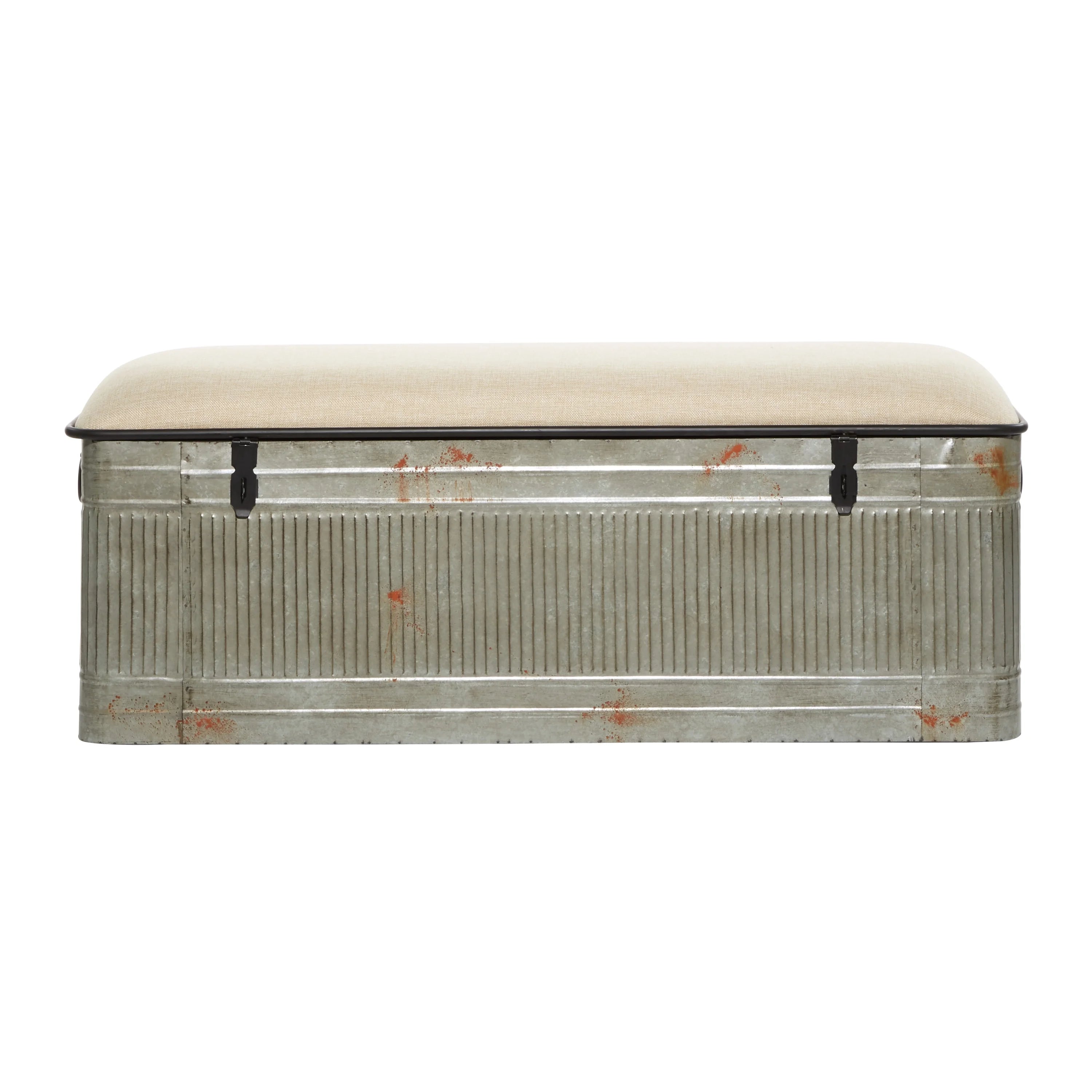 Metal Galvanized Storage Bench with Cream Burlap Top E438064