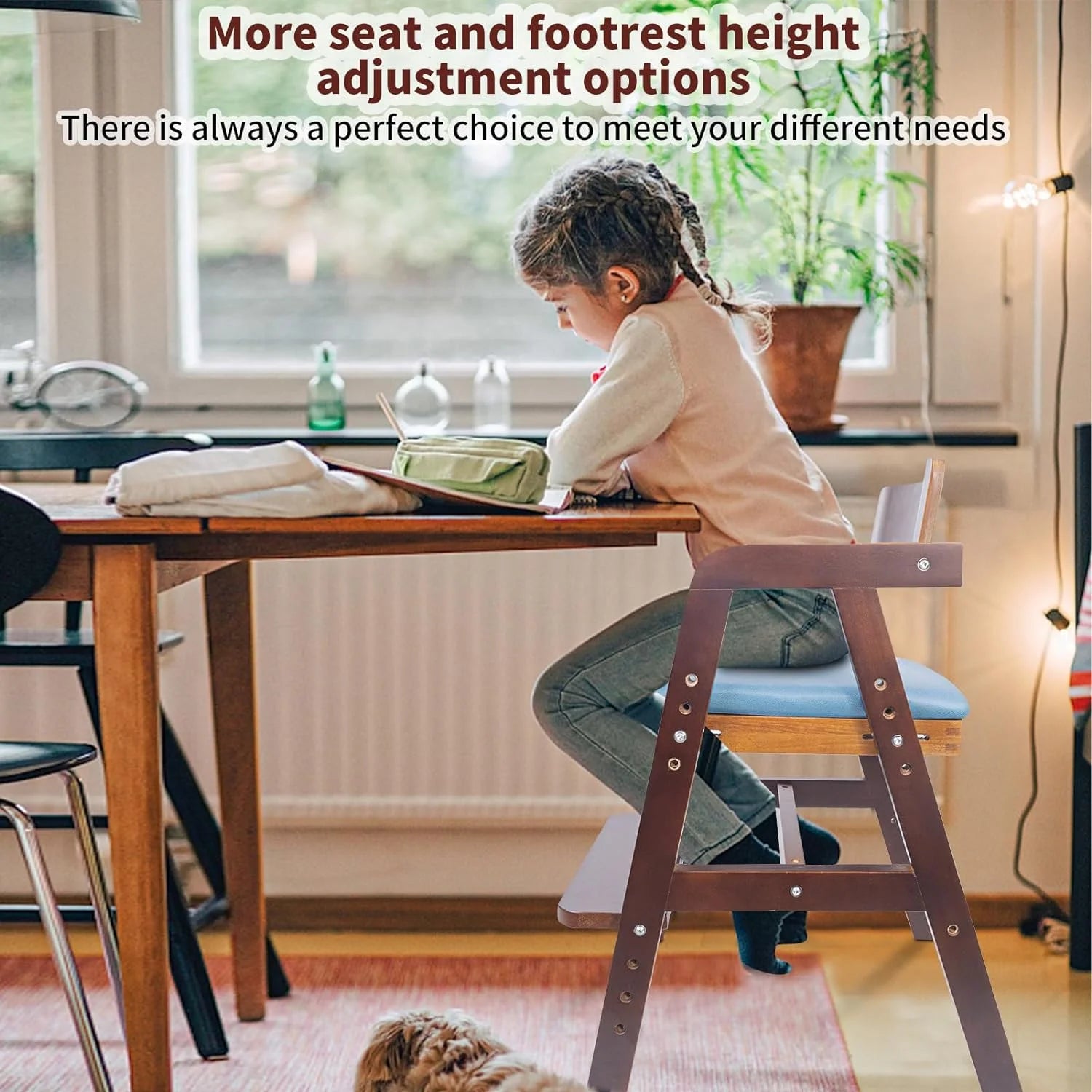 Wooden High Chair for Toddlers, Adjustable, with Waterproof Cushion H4186