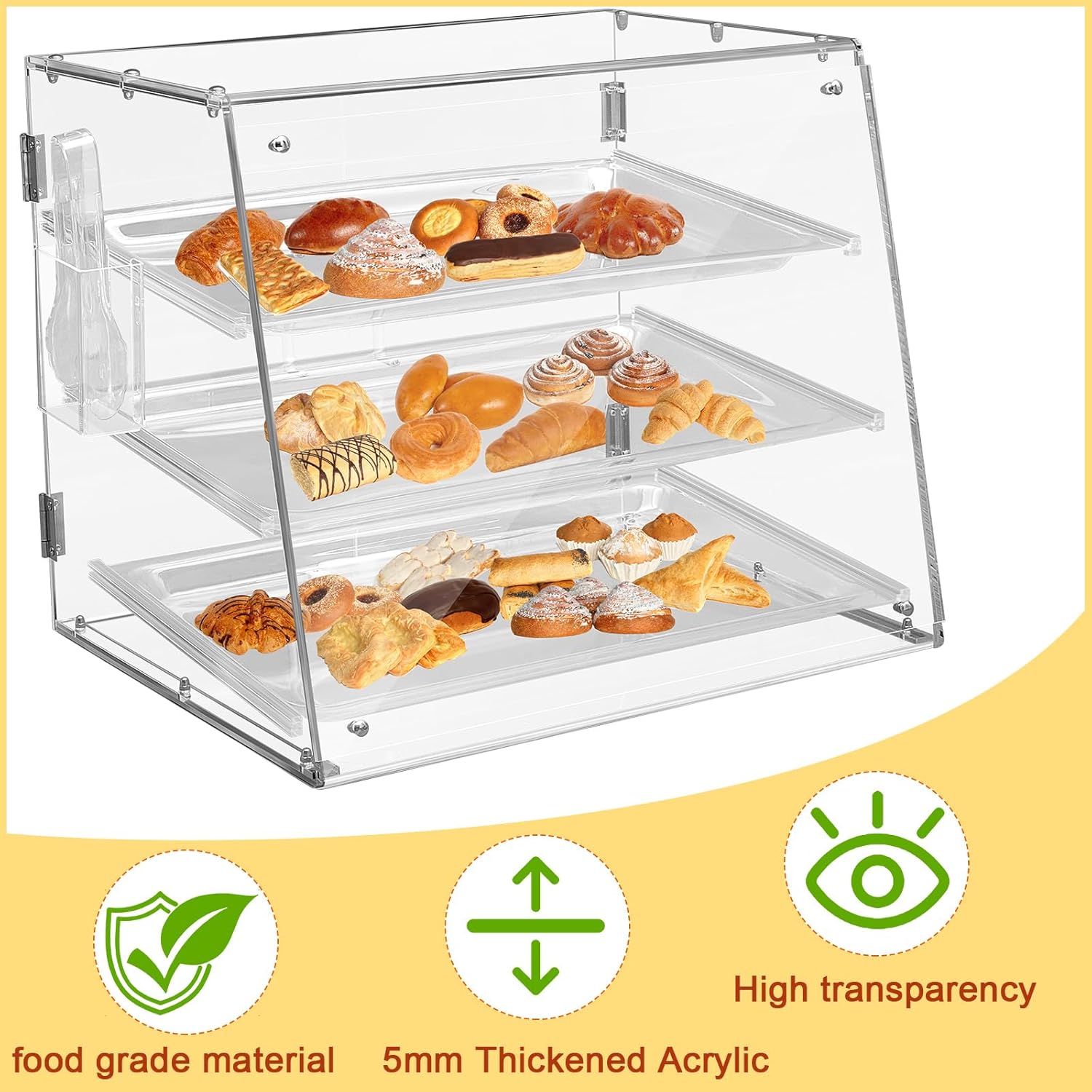 3 Tier Acrylic Bakery Display Case with Doors and Serving Tong E707