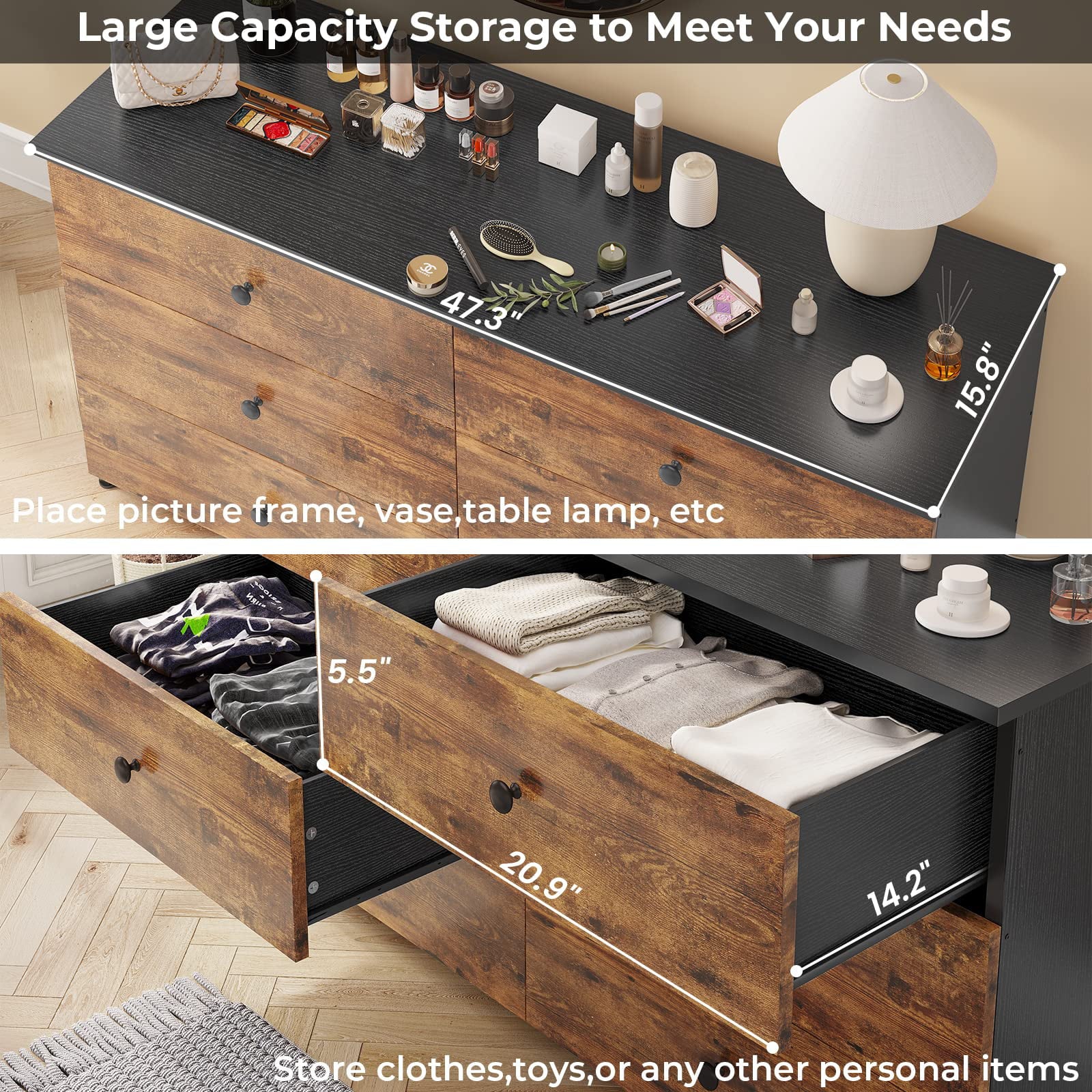 6 Drawer Double Dresser with Sturdy Steel Frame for Bedroom Z592273